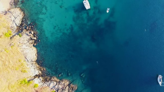 Aerial view of natures sheer limestone karsts tourist destination emerald green water, Phi Phi Island, Krabi, Thailand