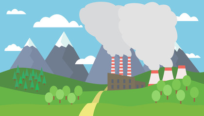 View of the mountain landscape with hills and trees with snow on the peaks and factory with smoking chimneys under blue sky with clouds - vector