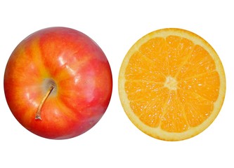 2 halves of orange and apple isolated on white background