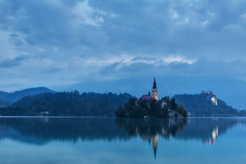 Fototapeta na wymiar Church on island in Lake Bled, Slovenia