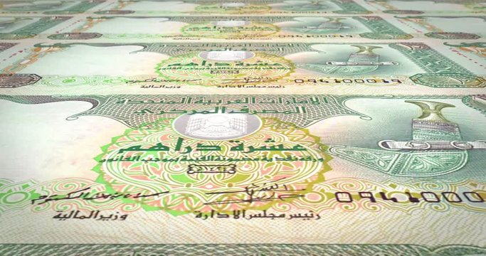 Banknotes of ten dirhams arabs rolling on screen, cash money, loop