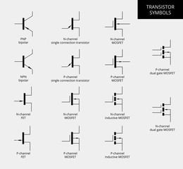 Electrical Engineering elements. Vector bipolar transistors construction and field effect transistors. Electronics circuit symbols. Graphic illustration of transistors. Datas heet.