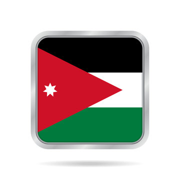 Flag of Jordan. Shiny metallic gray square button.