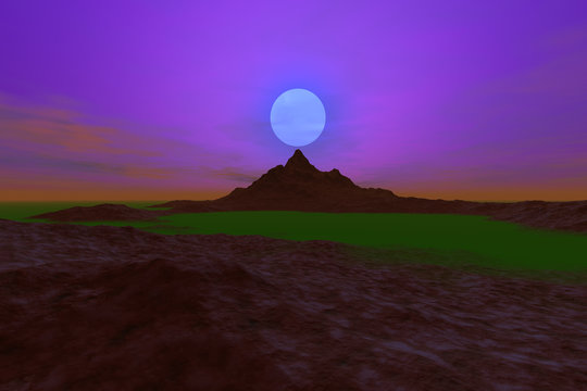 Moonlight on the desert, a martian landscape, colored fog and red clouds in the sky.