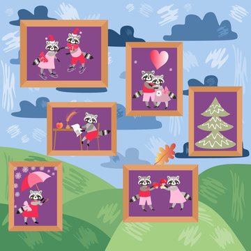 Pictures with cute cartoon raccoons on the wall. Vector illustration.