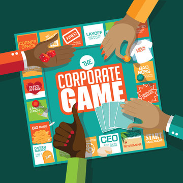 A multicultural group of men and women playing the corporate game. With humorous stops and obstacles along the way, from starting in the mailroom to CEO and retirement. Flat design. EPS 10 vector.