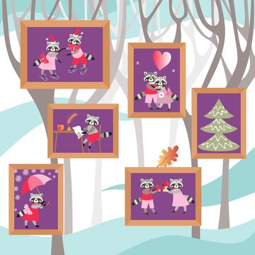 Pictures with cute cartoon raccoons on the wall. Beautiful design.