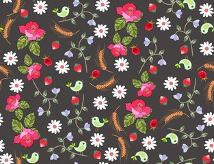 Trendy seamless floral ditsy vector pattern with roses, daisies, bellflowers,ears of wheat, birds and berries.