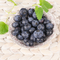 Eine kleine Schale frischer Heidelbeeren, quadratisch