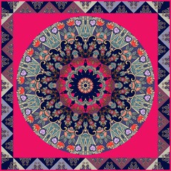 Ethnic square carpet. Lovely tablecloth with tulips. Flower mandala and decorative frame from triangles.
