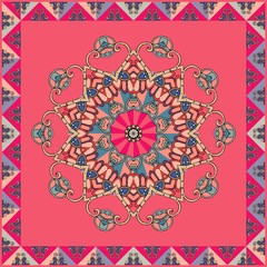 Lovely tablecloth or bandana print. Flower mandala and decorative frame from triangles patches on red background. Greeting card. Square vector template.