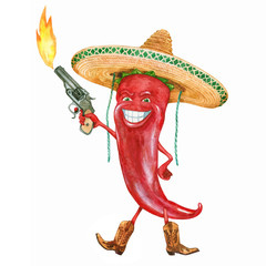 Burning red pepper chilli. The Mexican character. Watercolor.