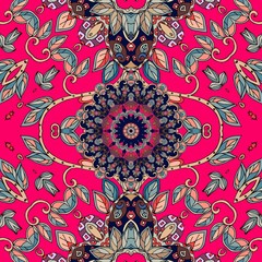Print for fabric. Bright natural pattern with green leaves and beautiful flower mandala on crimson background. Greeting card.