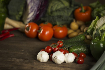 Healthy food, Fresh vegetables on the wooden surface, place for typography