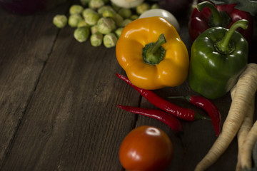 Healthy food, Fresh vegetables on the wooden surface, place for typography