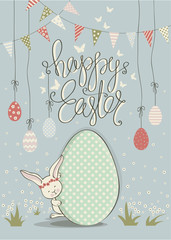 Cover for greeting cards to day happy Easter.Shown Easter eggs of different colors, the Easter Bunny,garland and flags.The phrase happy Easter.Butterflies and flowers on a blue background.