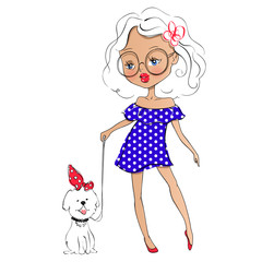 Cute vector girl and pet. Stylish young teen went for a walk with the dog. Cartoon lady. Colorful sketch illustration. Little model. Casual outfit. Funny personage. Fashion chic.