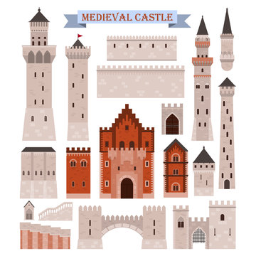 Medieval castle parts like gates, walls, towers