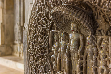 November 08, 2014: Detailed carvings of the walls inside the Jain temple of Ranakpur, India