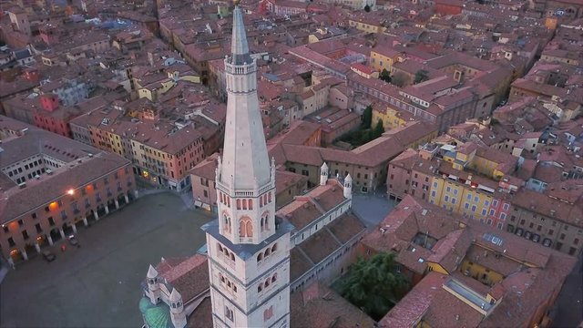 modena aerial view flying around ghirlandina tower
