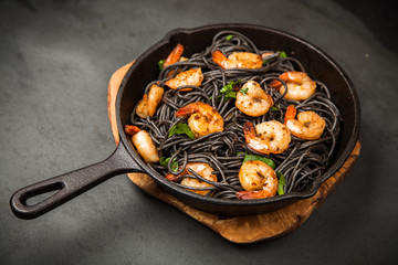 Black pasta with shrimps