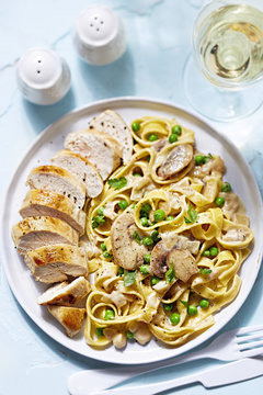 Chicken Breast With Pasta In Mushroom And Peas Sauce