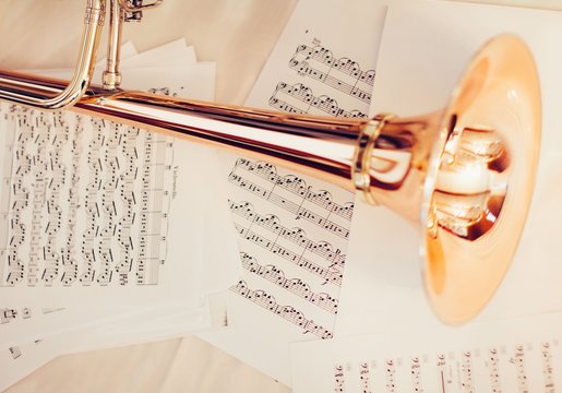 Trumpet on music scores  notes musical concept 