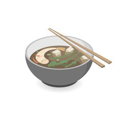 Japanese food. Spicy soup isolated on white background. Isometric view. Vector flat illustration.