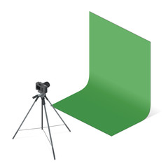 Professional digital photo camera. Photo studio isolated on white background. Isometric view. Vector flat illustration.