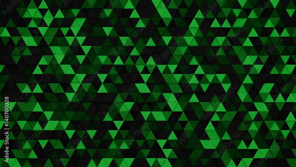 Poster dark green triangles chaotic extruding. abstract geometric background. 3d render seamless loop smoot