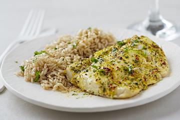 Cod with lemon garlic marinade rice