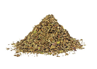 Pile of dried basil spice isolated on white background
