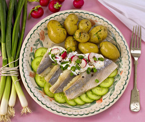 Herring with baby potatoes and cucumber salad
