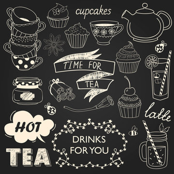A collection of varieties of tea and drinks. Vector illustration 
