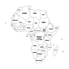 Political map of Arfica continent. Simple black wireframe outline with national borders, and country name labels on white background. Vector illustration. © pyty