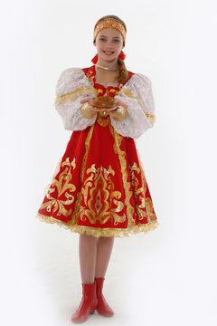 Beautiful Smiling Russian Girl In Folk Costume Isolated On White