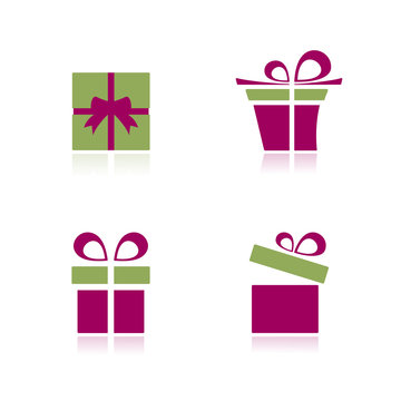 Pink and green gifts icon set with reflection