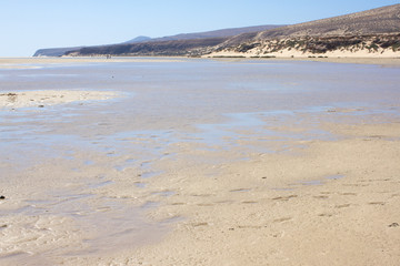 Incredible view of Costa Calma beach, blue clear lagoon. Playa Barca, Fuerteventura, Canary islands, Spain