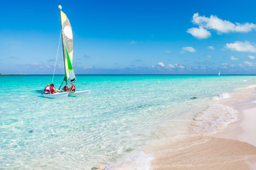 Sailing catamaran in the sea. Close-up