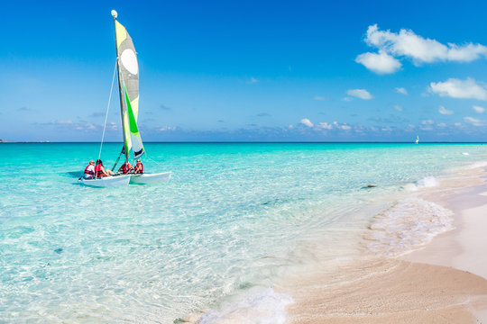 Sailing catamaran in the sea. Close-up