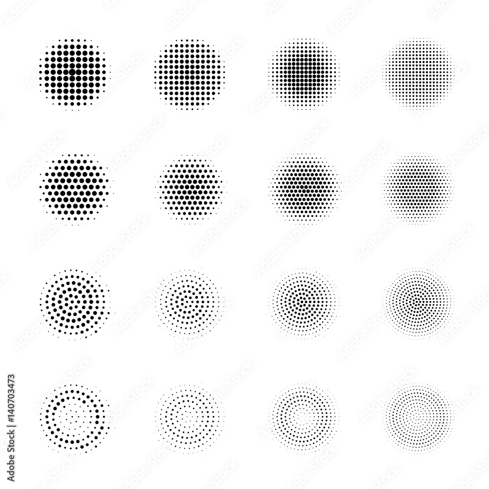 Wall mural set of halftone circles isolated on white background.collection of halftone effect dot patterns.sphe