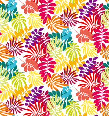 Fototapeta na wymiar Concept tropical leaves vector illustration in bright vivid colors. Exotic simple fun surface design. Floral seamless pattern vector illustration. Rainbow color plant repeatable motif.