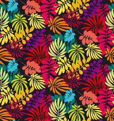 Concept tropical leaves vector illustration in bright vivid colors. Exotic simple fun surface design. Floral seamless pattern vector illustration. Rainbow color plant repeatable motif.