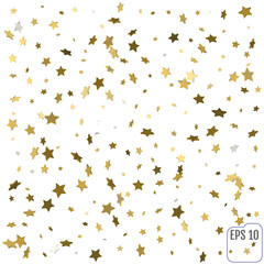 3d Gold stars. Confetti celebration, Falling golden abstract decoration for party, birthday celebrate, anniversary or event, festive. Festival decor. Vector illustration