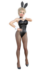 Bunny Girl. Sexy woman long legs in black fishnet tights. Black swimsuit and shoes. Conceptual fashion art. Green  eyes. Seductive candid pose. Photorealistic 3D render illustration. Isolate. Studio.