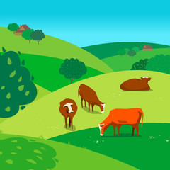 Green landscape. Freehand drawn cartoon outdoors style. Farming herd of brown cows on spring blooming meadow. Rural scene view with green grass on hills, fields, trees. Vector countryside background