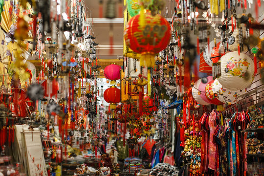 Chinese lanterns hanging in a store in Chinatown, San Francisco.