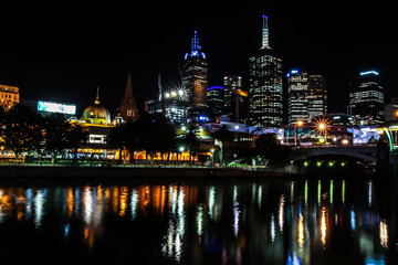 Melbourne Central Business district skyscrapers and central train station night panorama