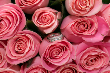 Wedding rings on the pink roses macro photography 