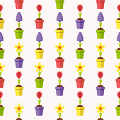 Fototapeta na wymiar Seamless Pattern with Spring Flowers in Flowerpots. Flat Design Style. 